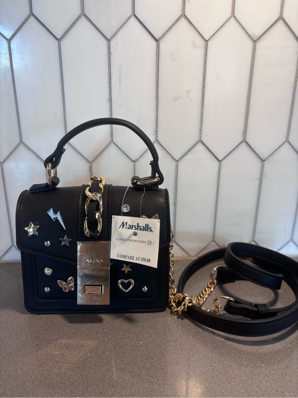 Aldo Black Mini Top-Handle Crossbody with Gold Hardware